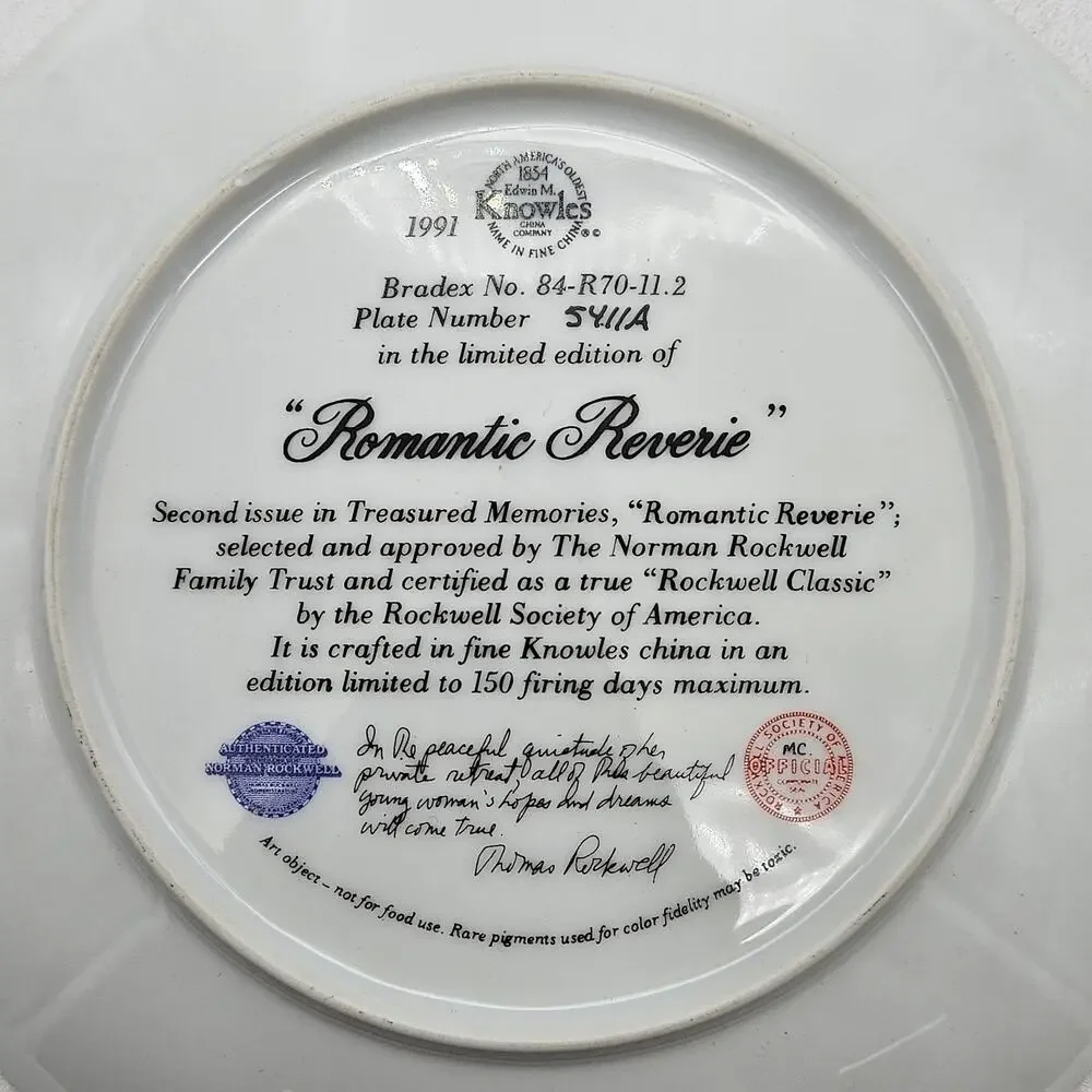 Norman Rockwell Collectors Plate ROMANTIC REVERIE #5411A 1991